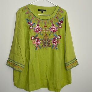 Calessa Green Pink Flower Embroidered Tunic- 3/4 Sleeves with buttons- L